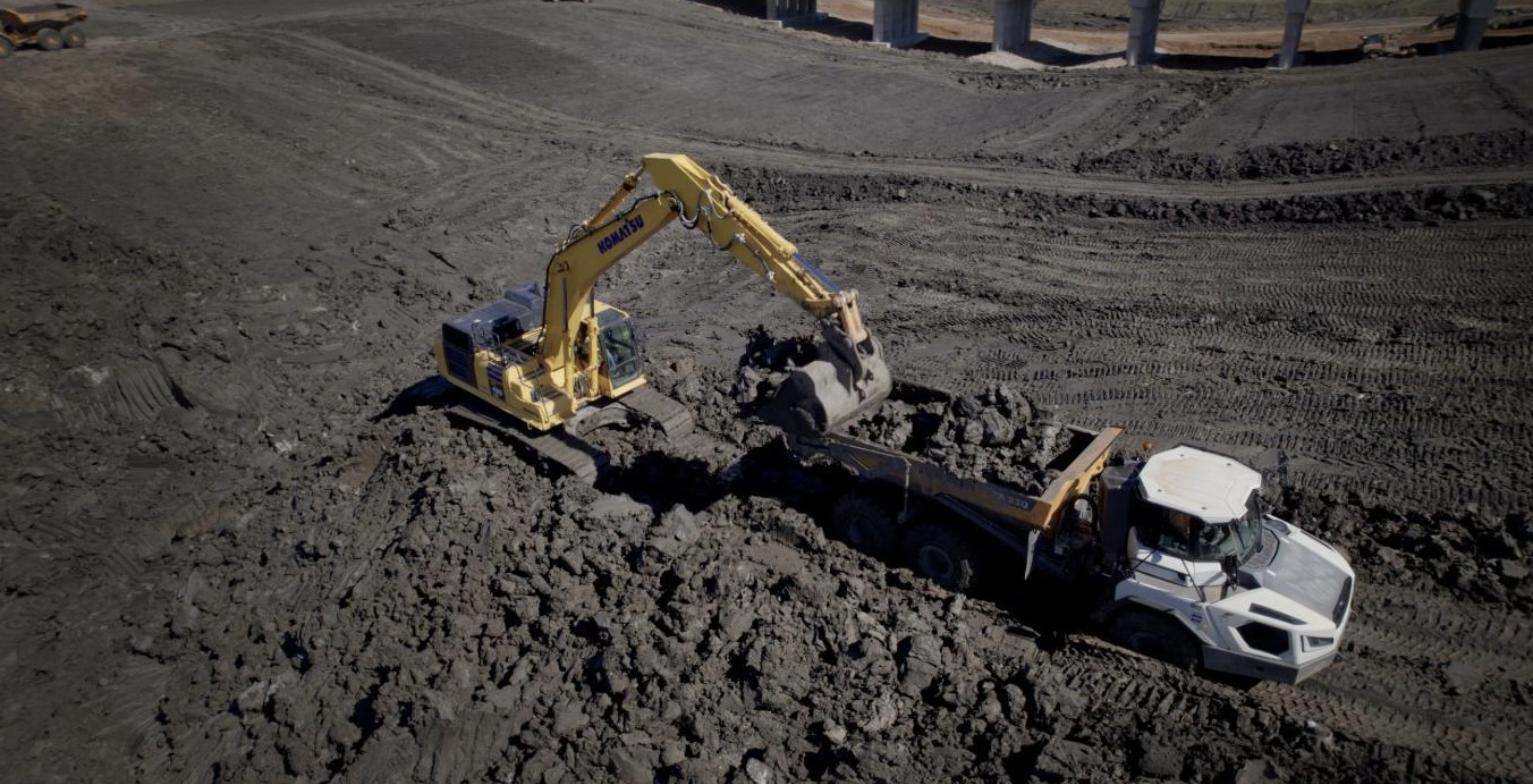 Aerial view of excavation equipment working on the stormwater diversion channel near Fargo, North Dakota