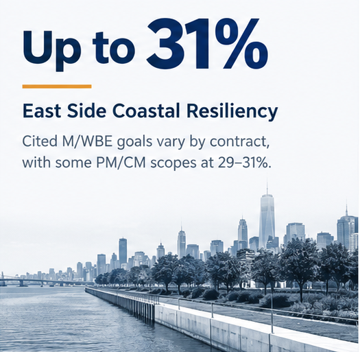Stat card: up to 31% small-business participation goal, East Side Coastal Resiliency