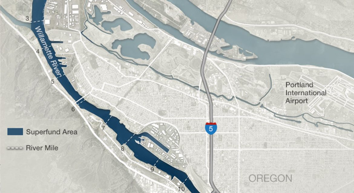 Map showing the Portland Harbor Superfund site boundaries along the Willamette River in Oregon
