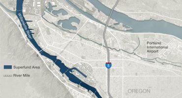 Map showing the Portland Harbor Superfund site boundaries along the Willamette River in Oregon
