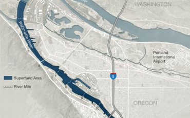 Map showing the Portland Harbor Superfund site boundaries along the Willamette River in Oregon