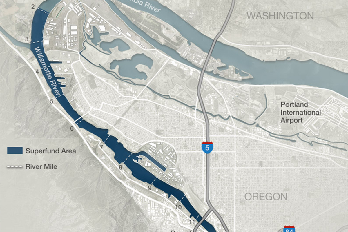 Map of the Portland Harbor Superfund site along the Willamette River in Oregon, showing the boundaries of the contaminated area